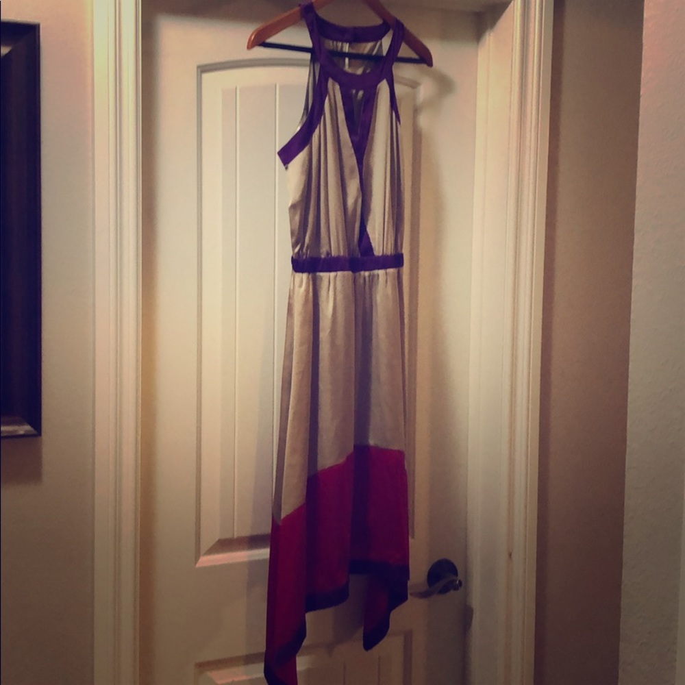 Tan, pink and purple dress